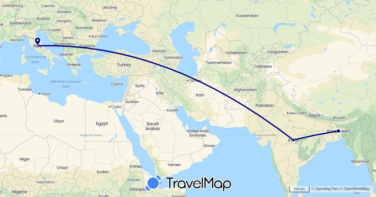 TravelMap itinerary: driving in Bangladesh, India, Italy (Asia, Europe)